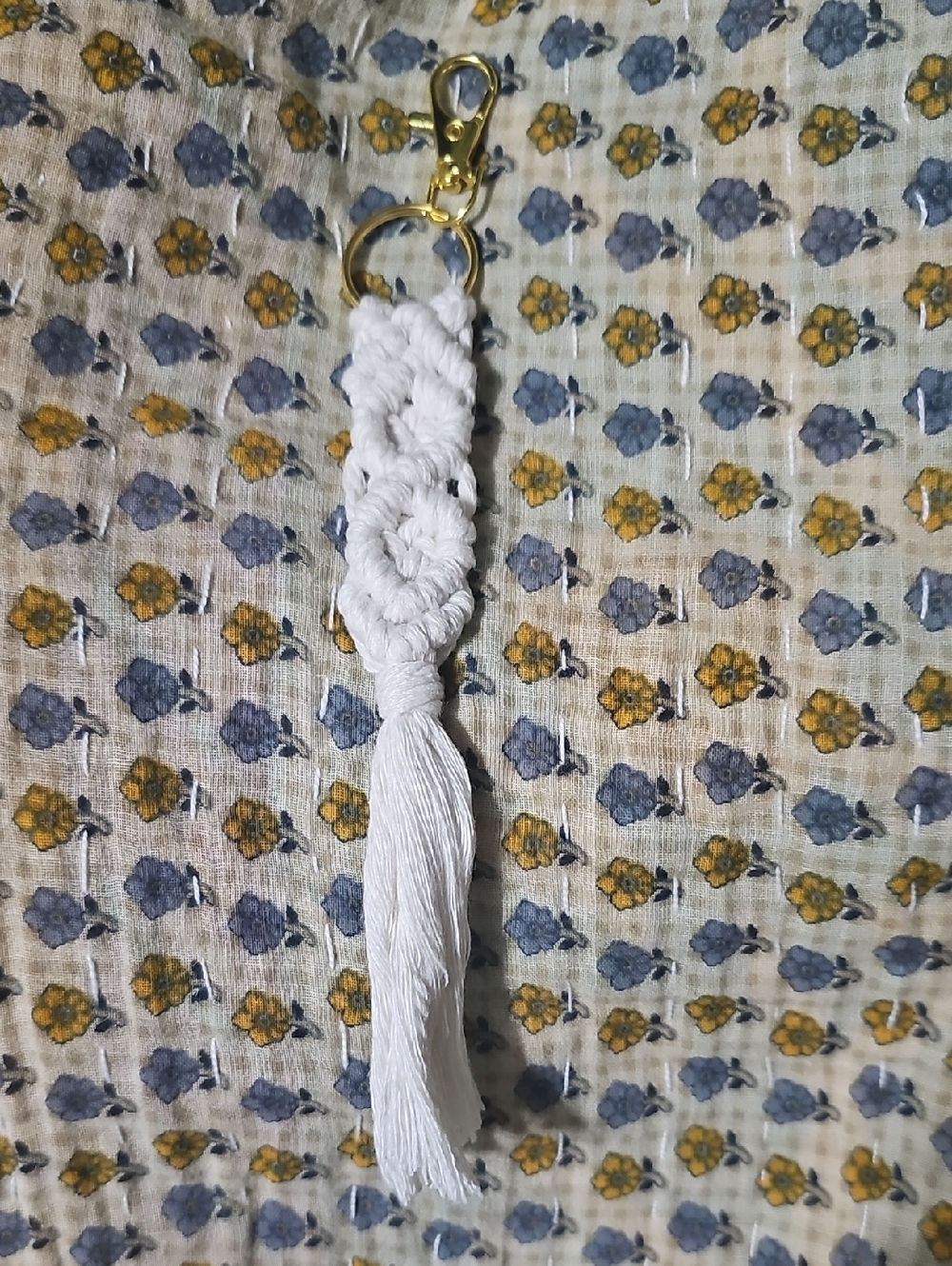 Handwoven White Macramé Tassel Keychain with Gold Hardware